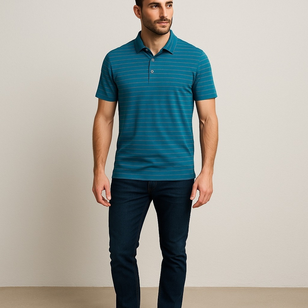Bugatchi Men’s Polo Shirt L Striped Stretch Lightweight Modern Fit Casual